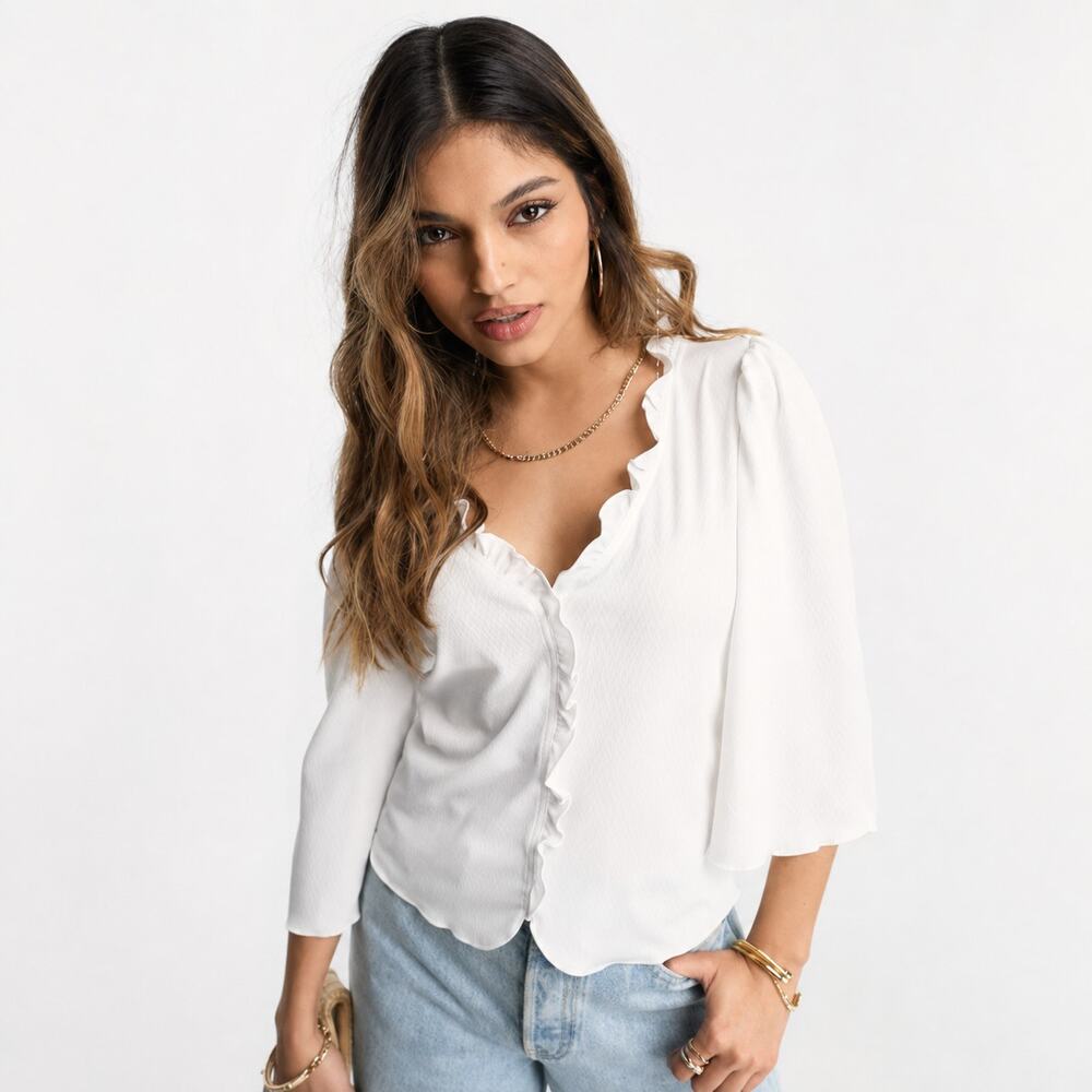 VILA White Ruffle V Neck Bell Sleeve Semi Sheer Blouse EU M US Small Romantic